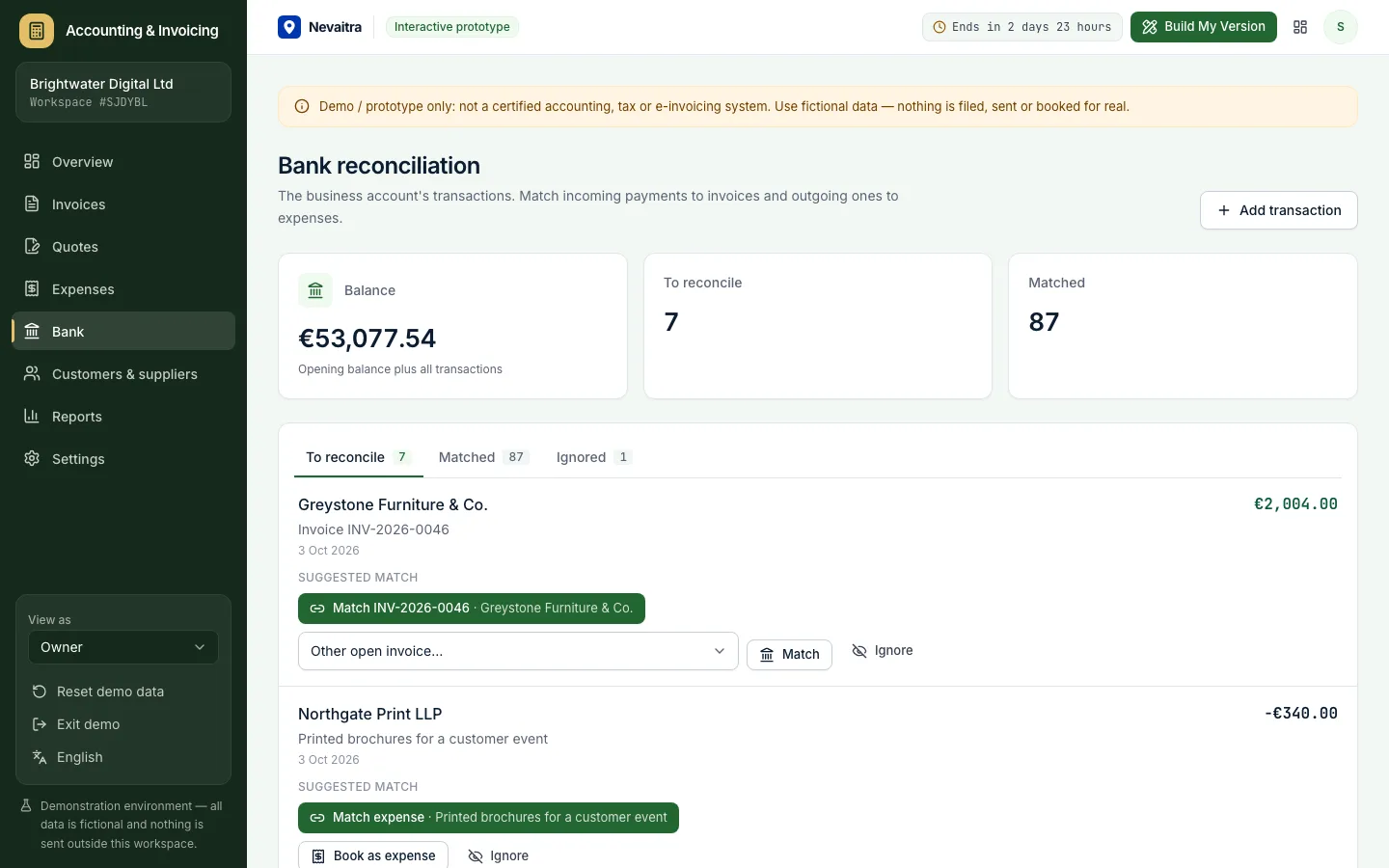 Bank reconciliation matching bank lines to invoices and expenses