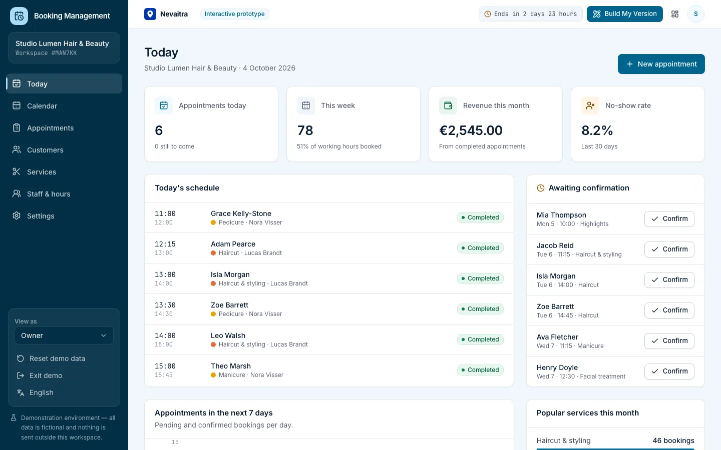 Booking dashboard with the day's schedule and bookings awaiting confirmation