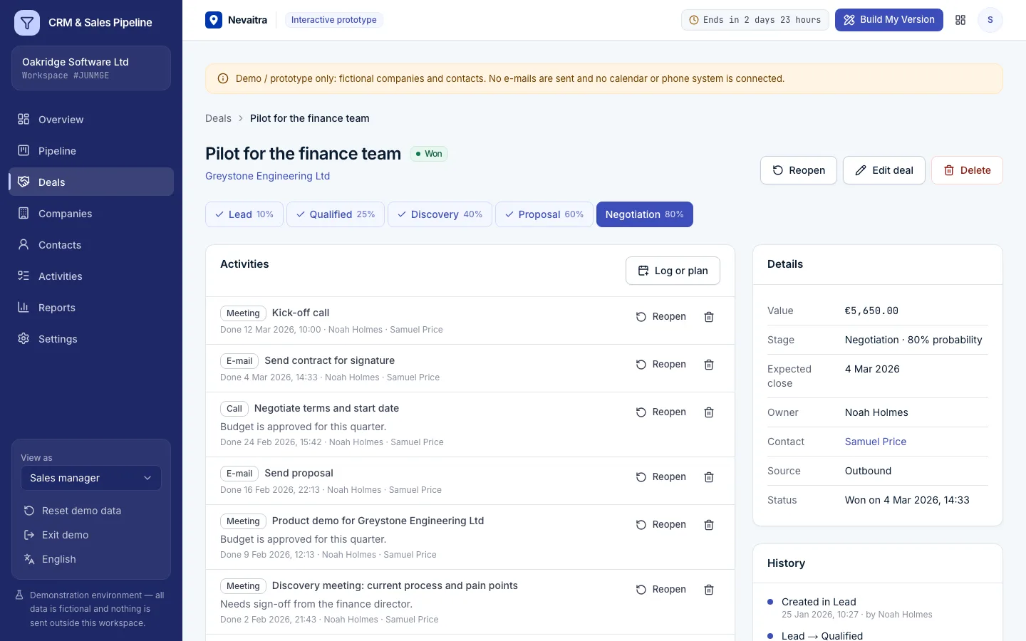 Deal detail with value, stage, contacts and activity timeline