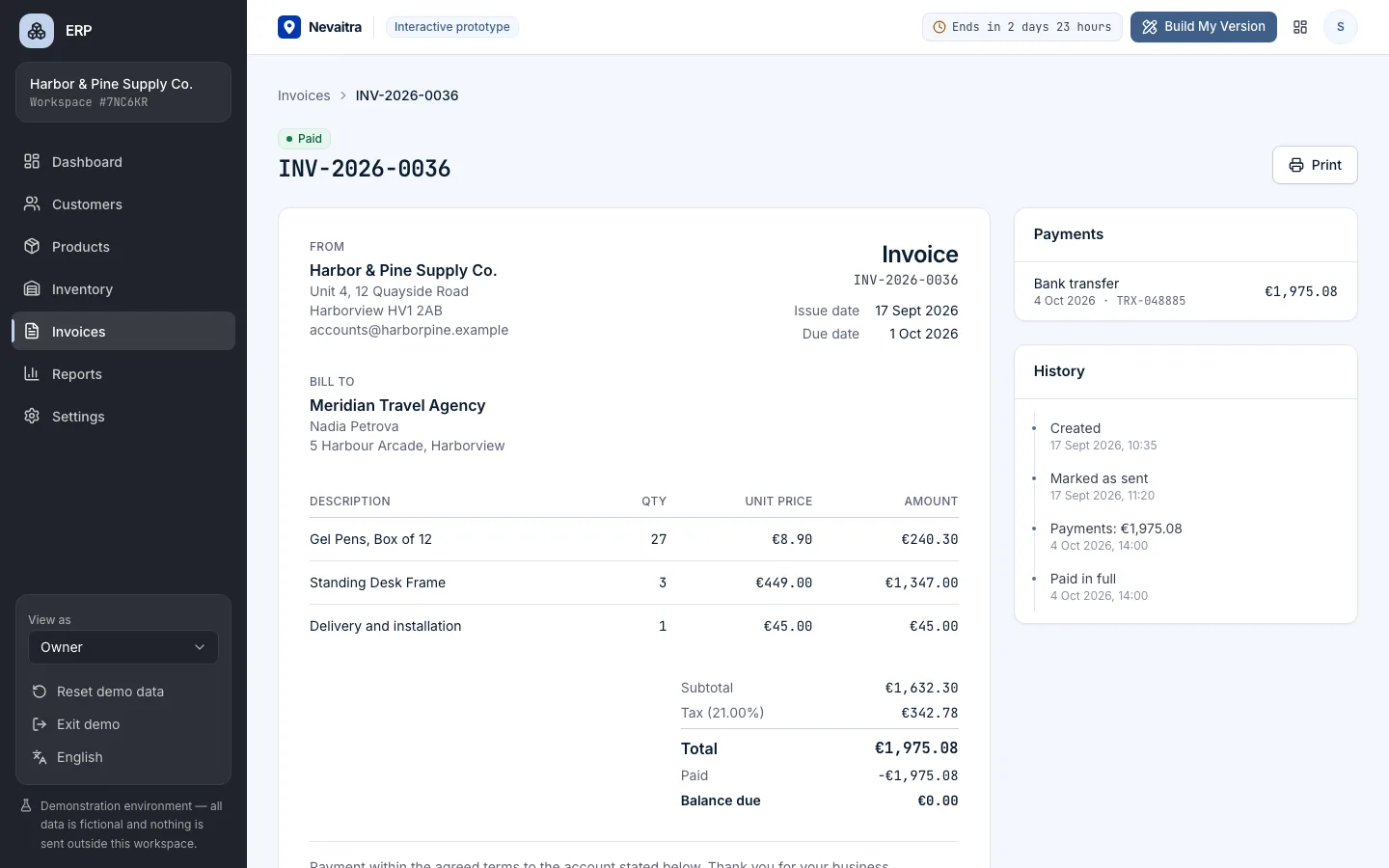 Invoice detail with line items, tax and payment history