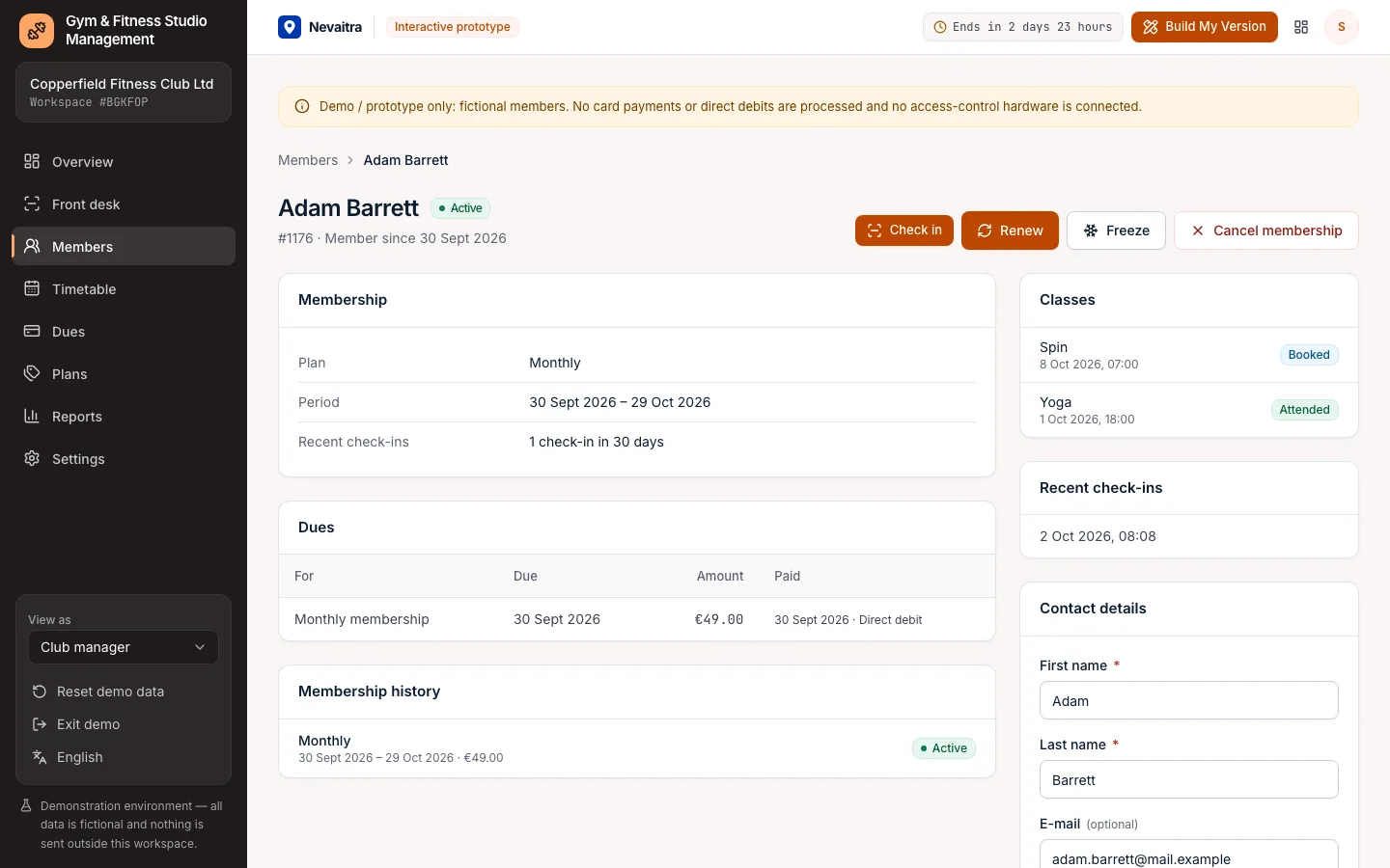 Member detail with membership, dues, class bookings and recent check-ins