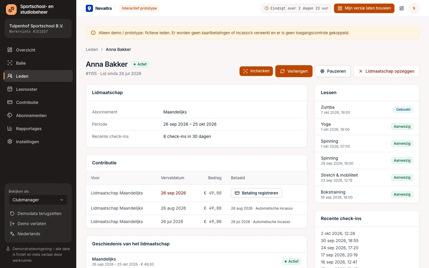 Ledendetail met lidmaatschap, contributie, lesboekingen en recente check-ins