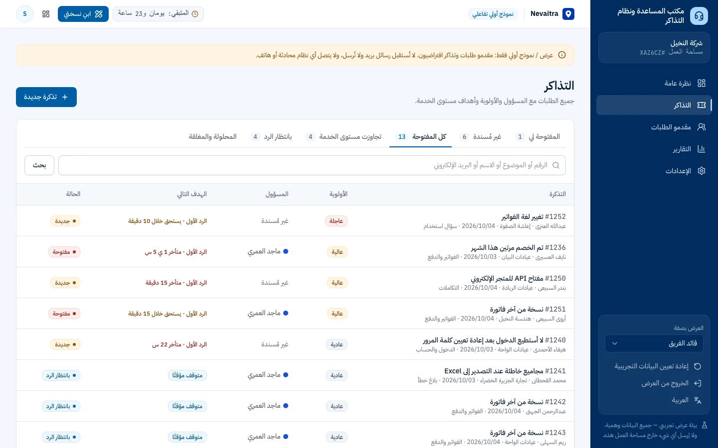 قائمة التذاكر مع الأولوية والمسؤول وهدف مستوى الخدمة التالي لكل تذكرة