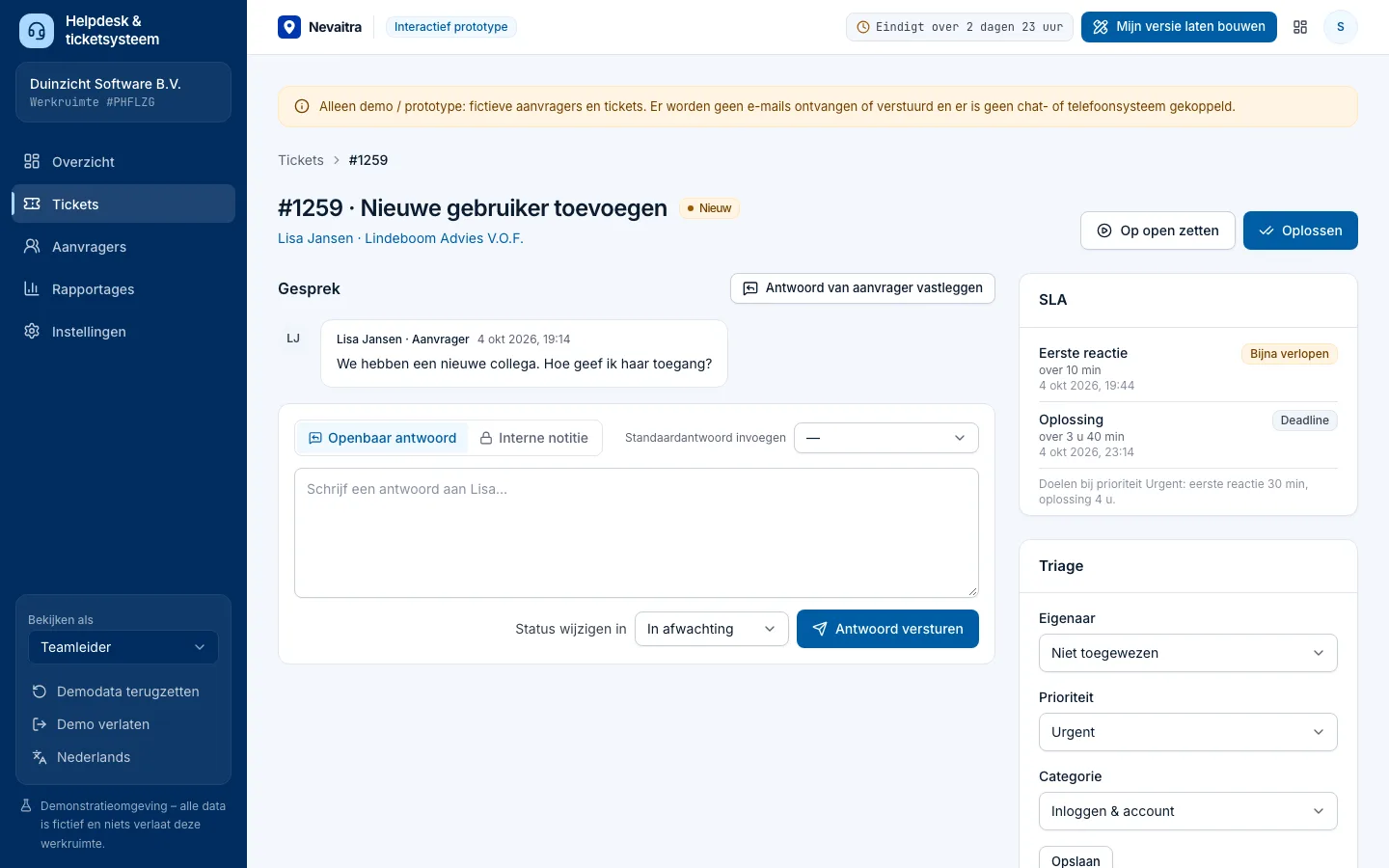 Ticket met gesprek, interne notities, triage en SLA-status