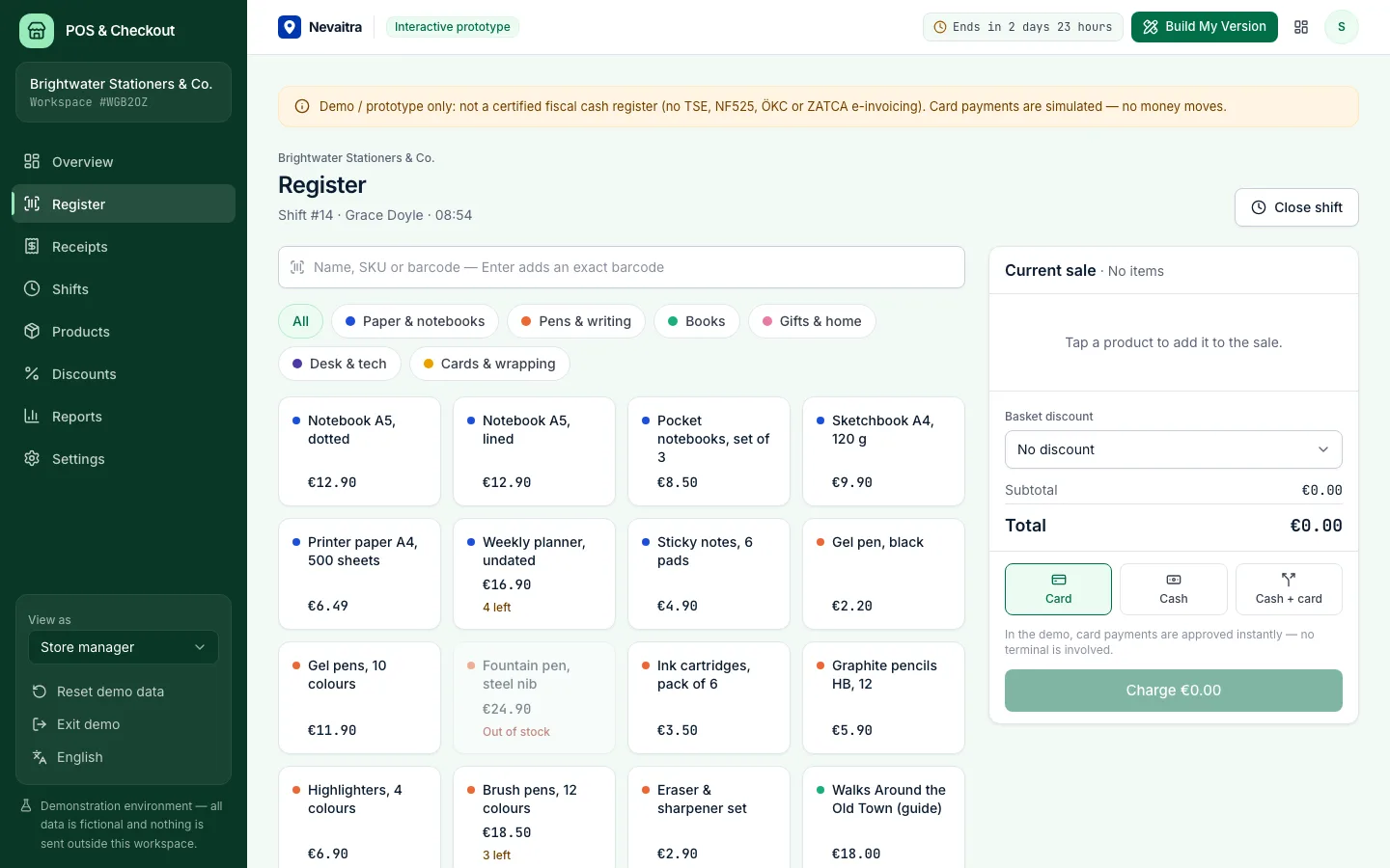 Point of sale register with the product grid, categories and the sale panel