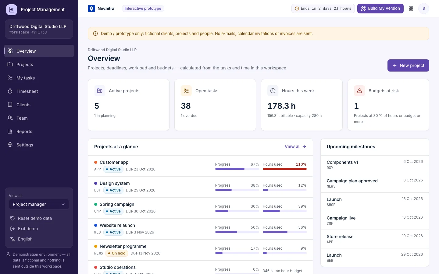 Project portfolio overview with active projects, budgets at risk, overdue tasks and hours logged