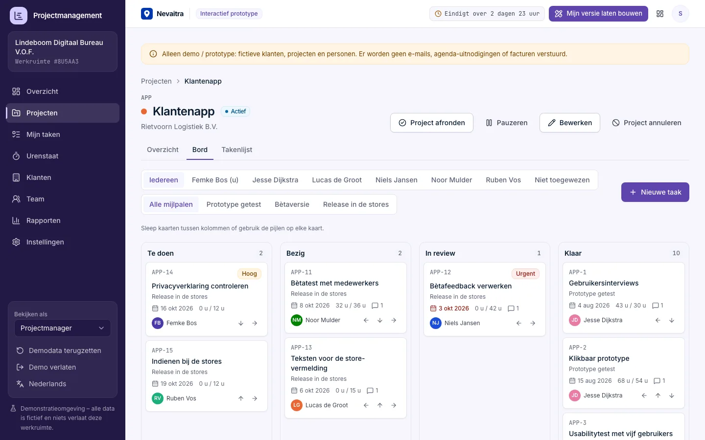 Kanbanbord van een project met de kolommen Te doen, Bezig, In review en Klaar