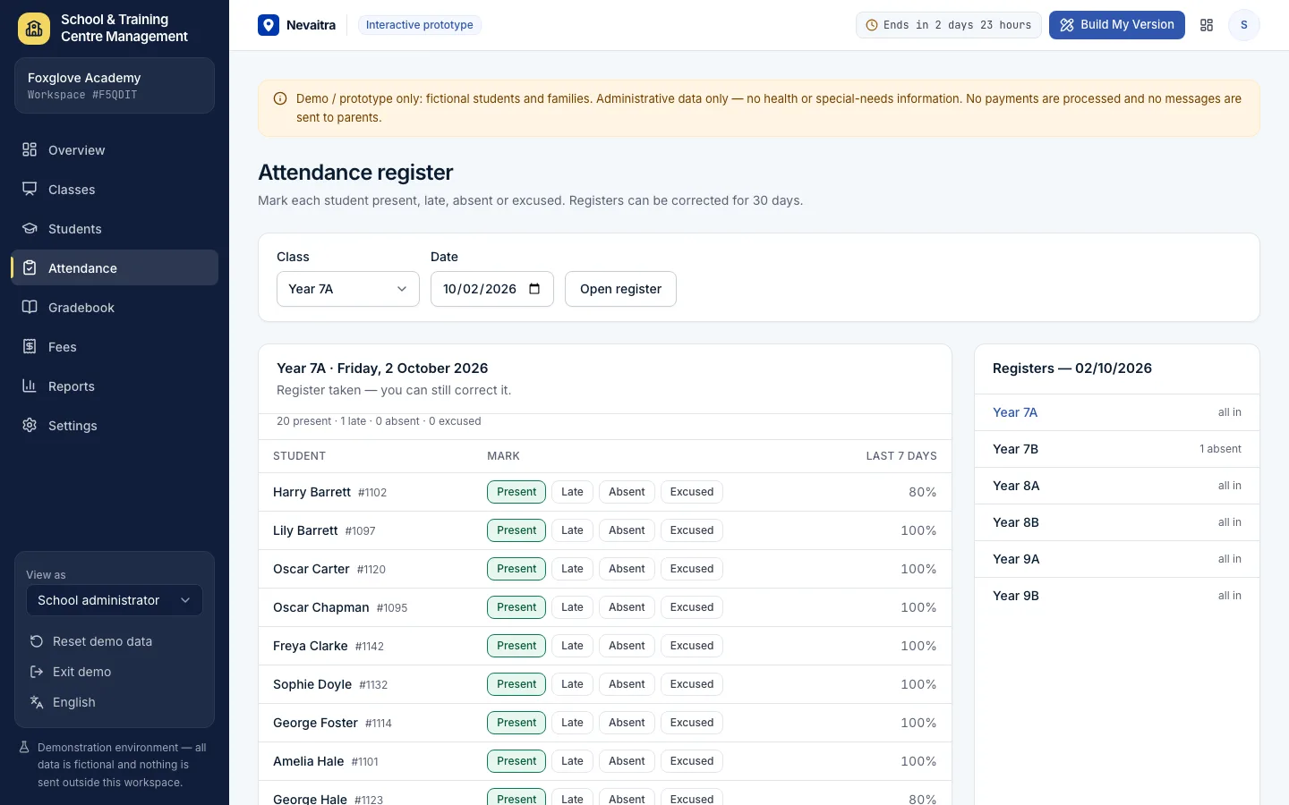 Daily attendance register with present, late, absent and excused marks per student