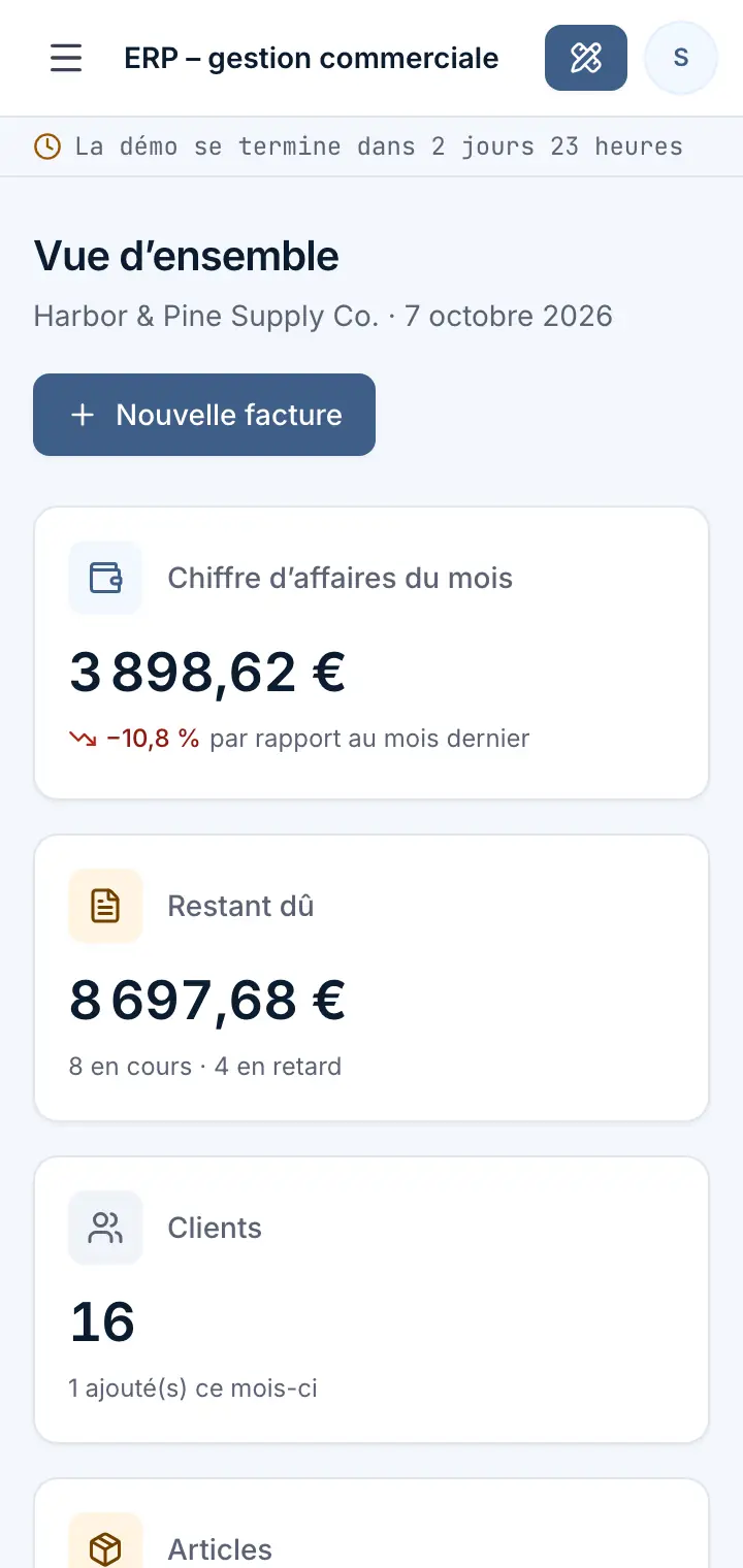 Démo « ERP – gestion commerciale » : Vue d’ensemble