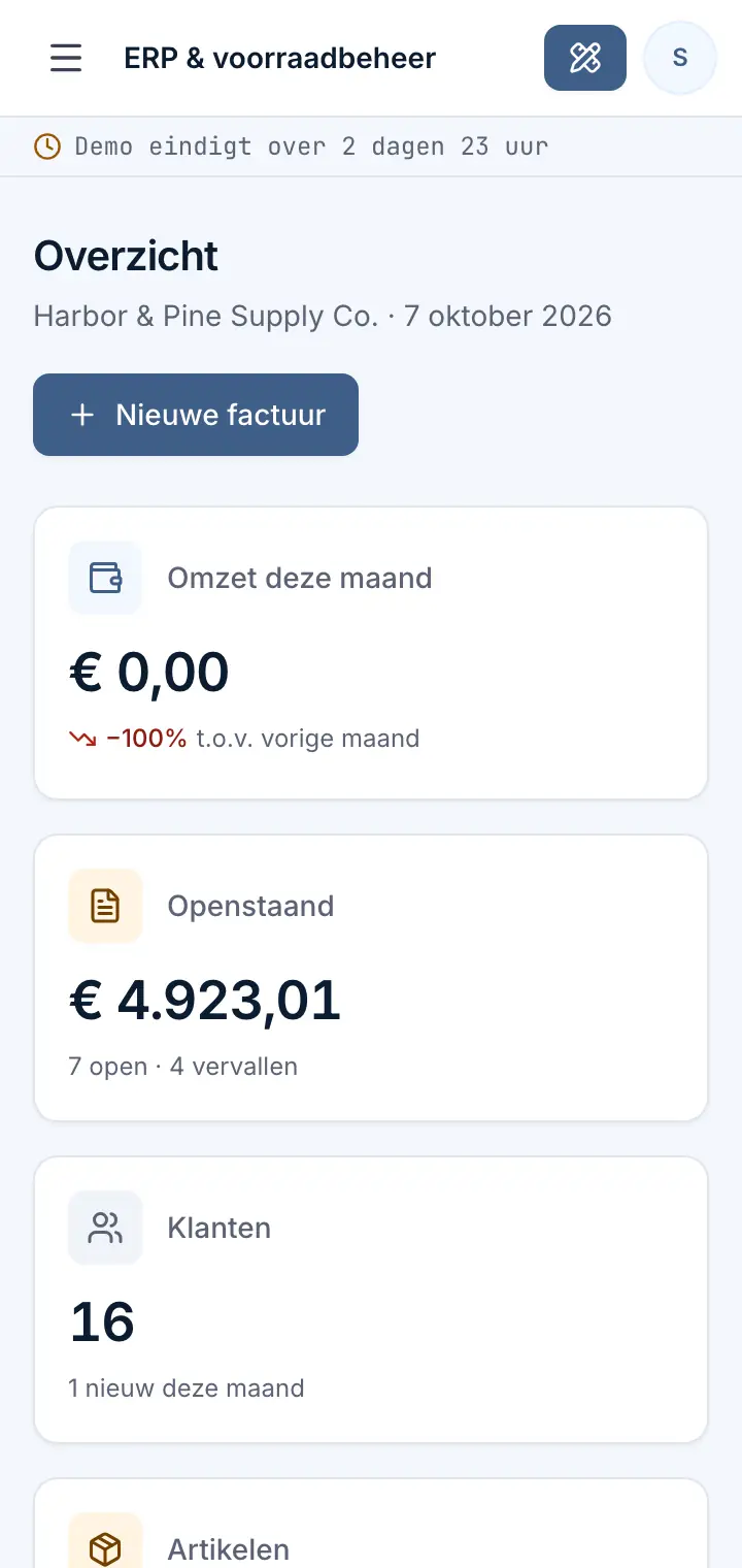 Demo van ERP & voorraadbeheer: Overzicht