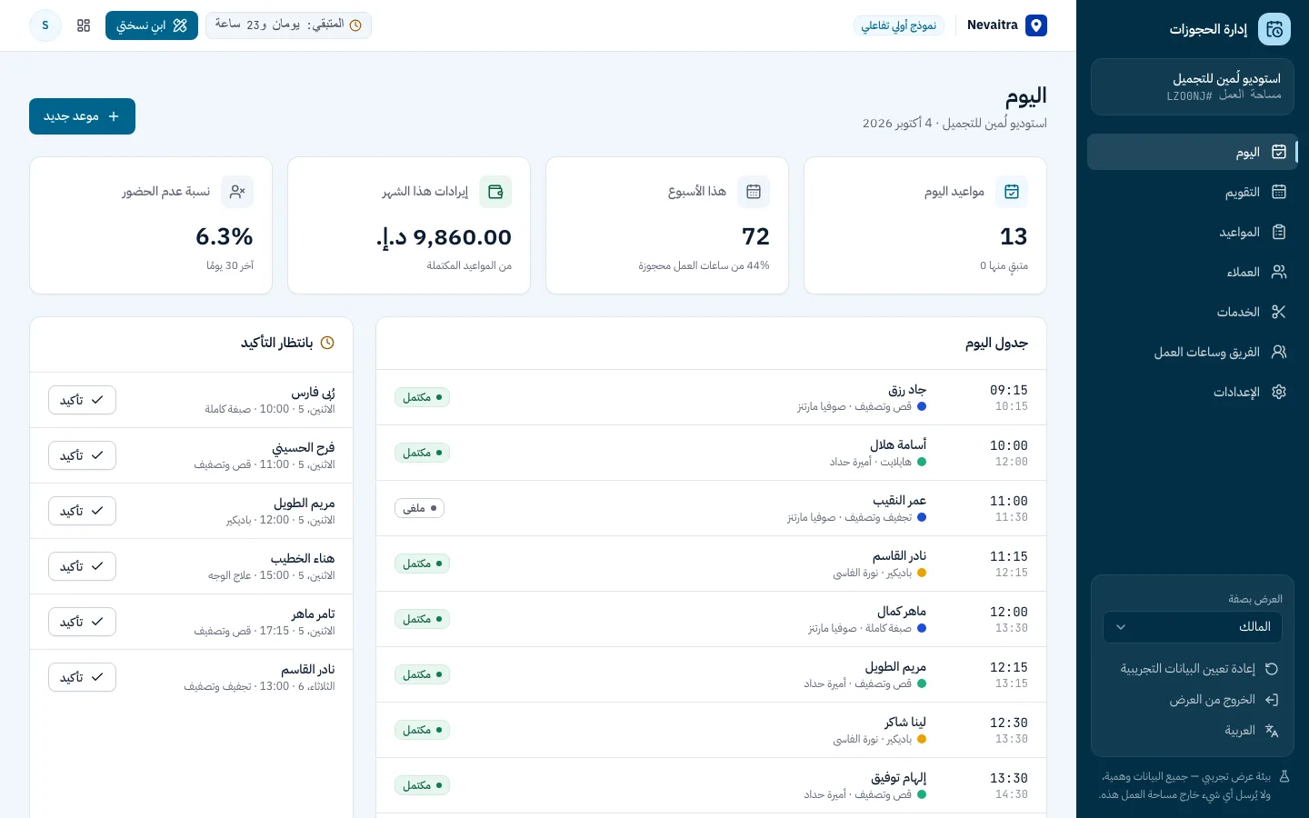 لوحة الحجوزات مع جدول اليوم والحجوزات بانتظار التأكيد