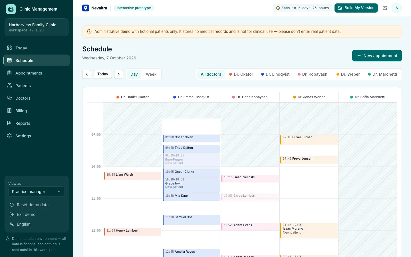 Clinic schedule with a column per doctor and consulting hours shaded