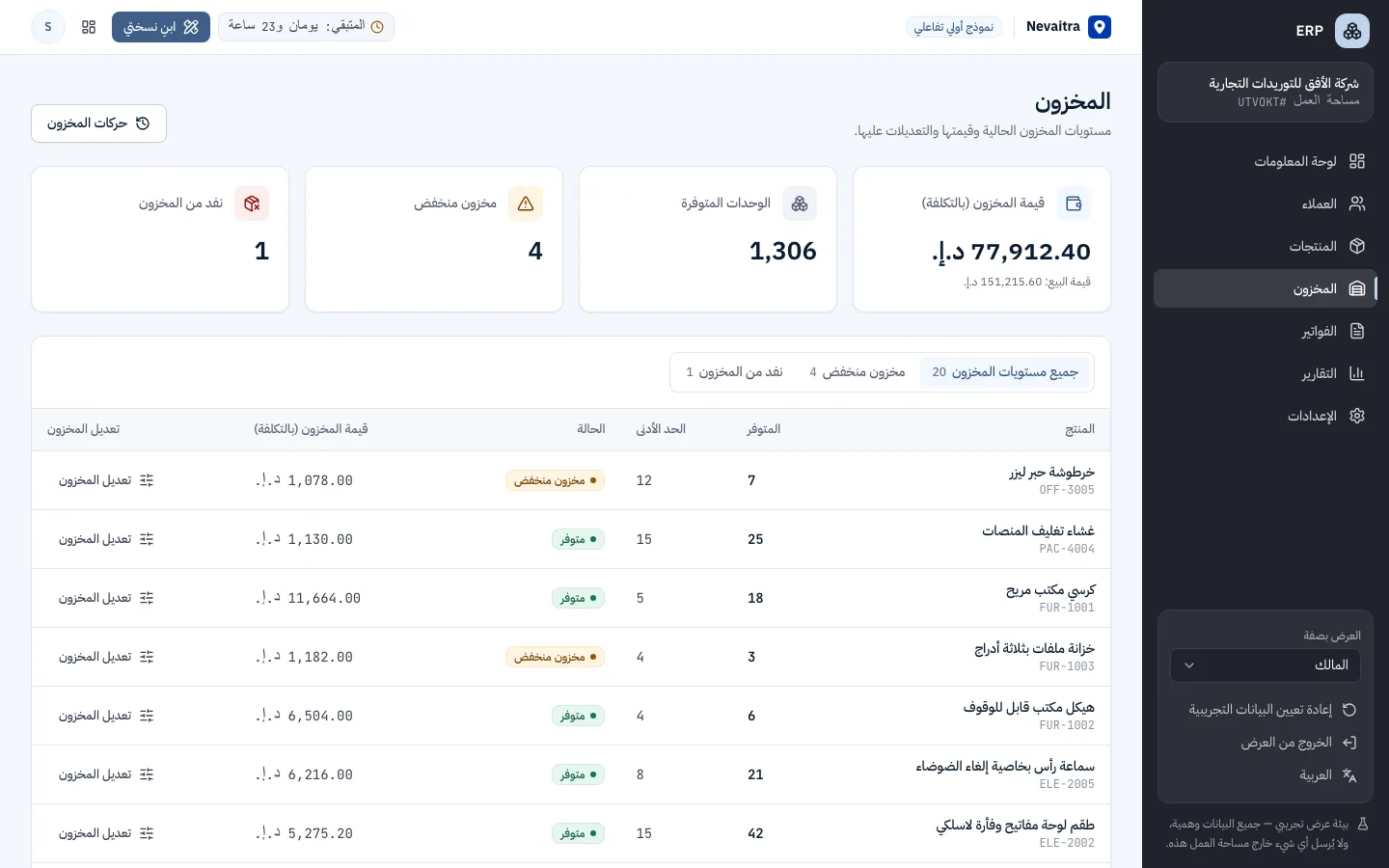 نظرة عامة على المخزون مع الكميات وتنبيهات إعادة الطلب