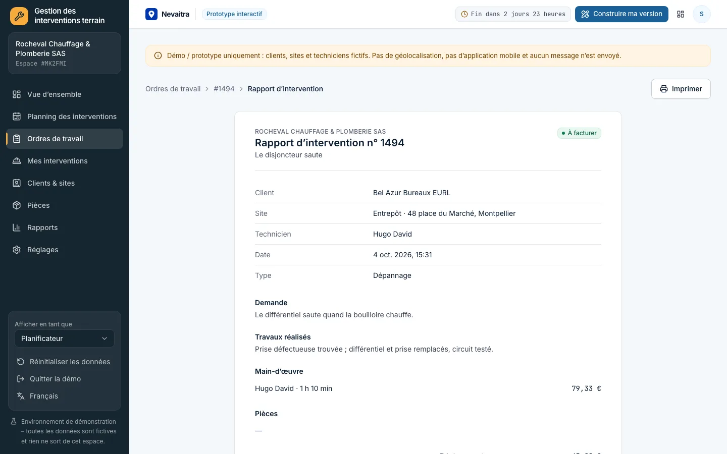 Rapport d’intervention imprimable avec travaux, coûts et validation du client