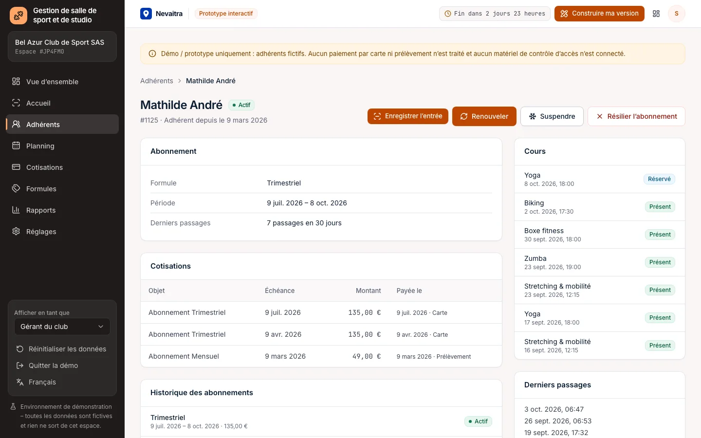 Fiche adhérent avec abonnement, cotisations, réservations et derniers passages