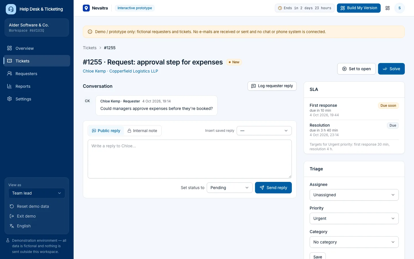 Ticket with the conversation, internal notes, triage and SLA status
