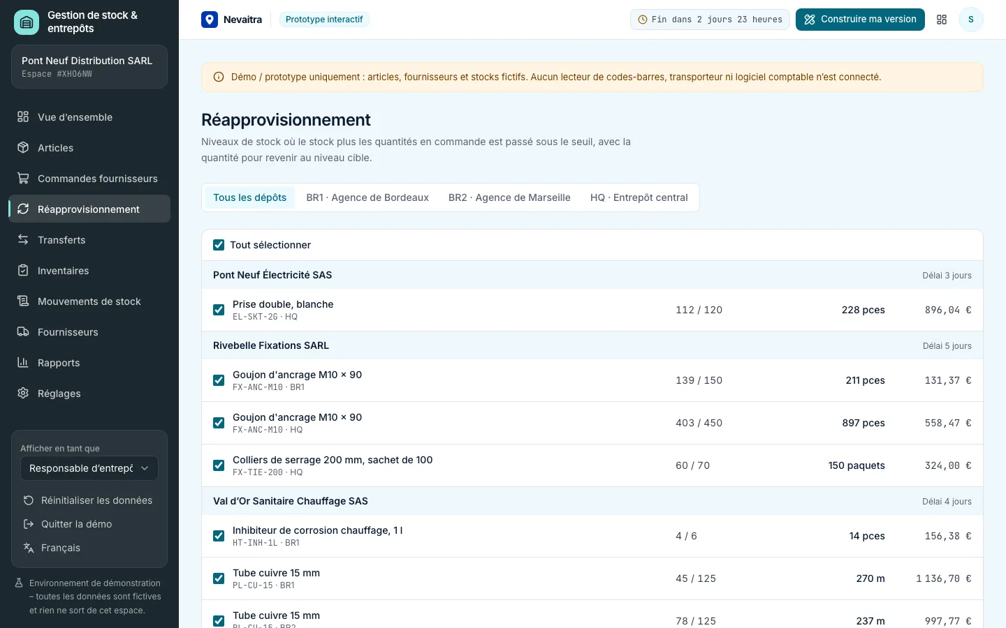Suggestions de réapprovisionnement par article et entrepôt avec fournisseur, stock, quantité commandée et proposée