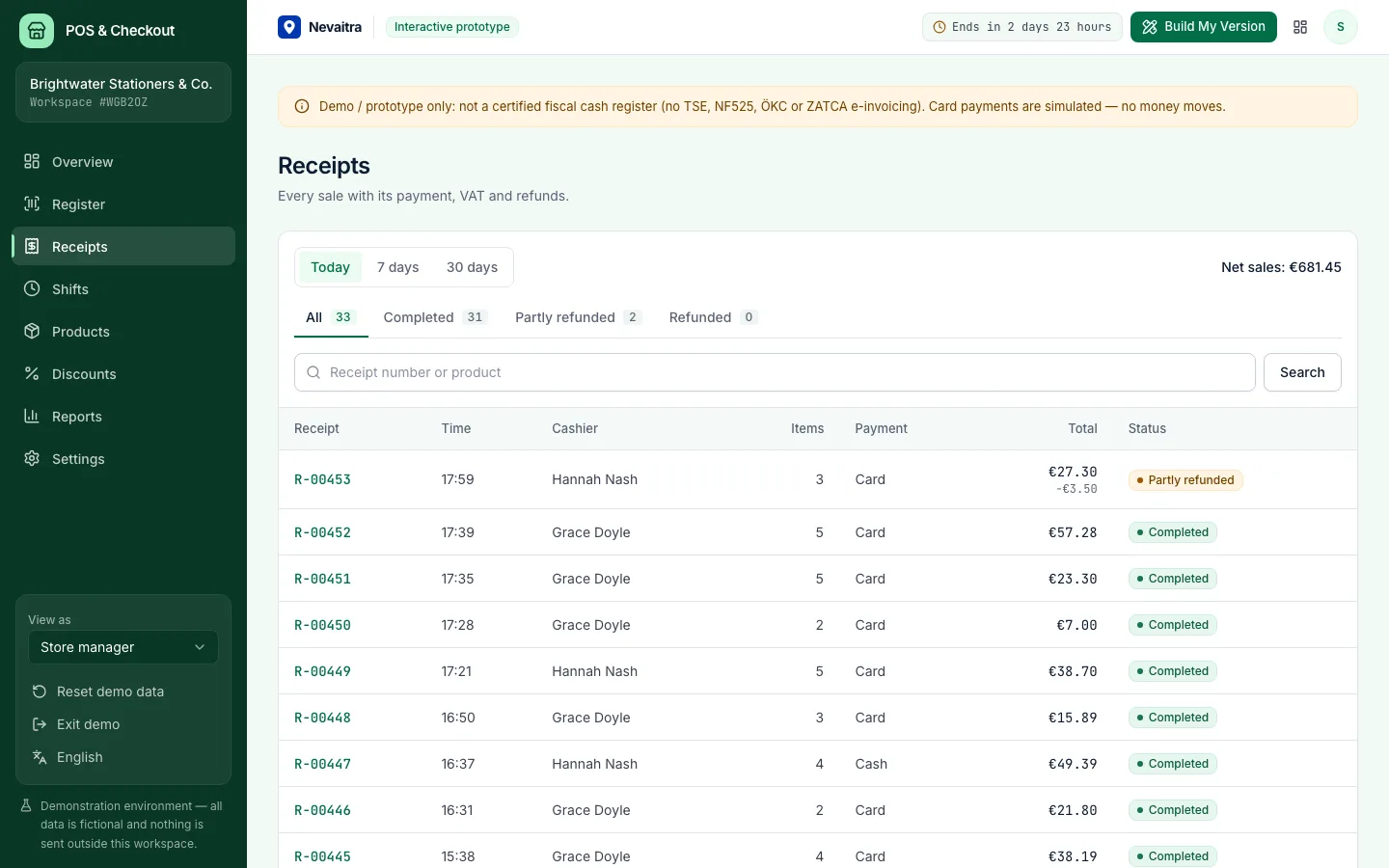 List of completed sales with receipt numbers, payment methods and totals