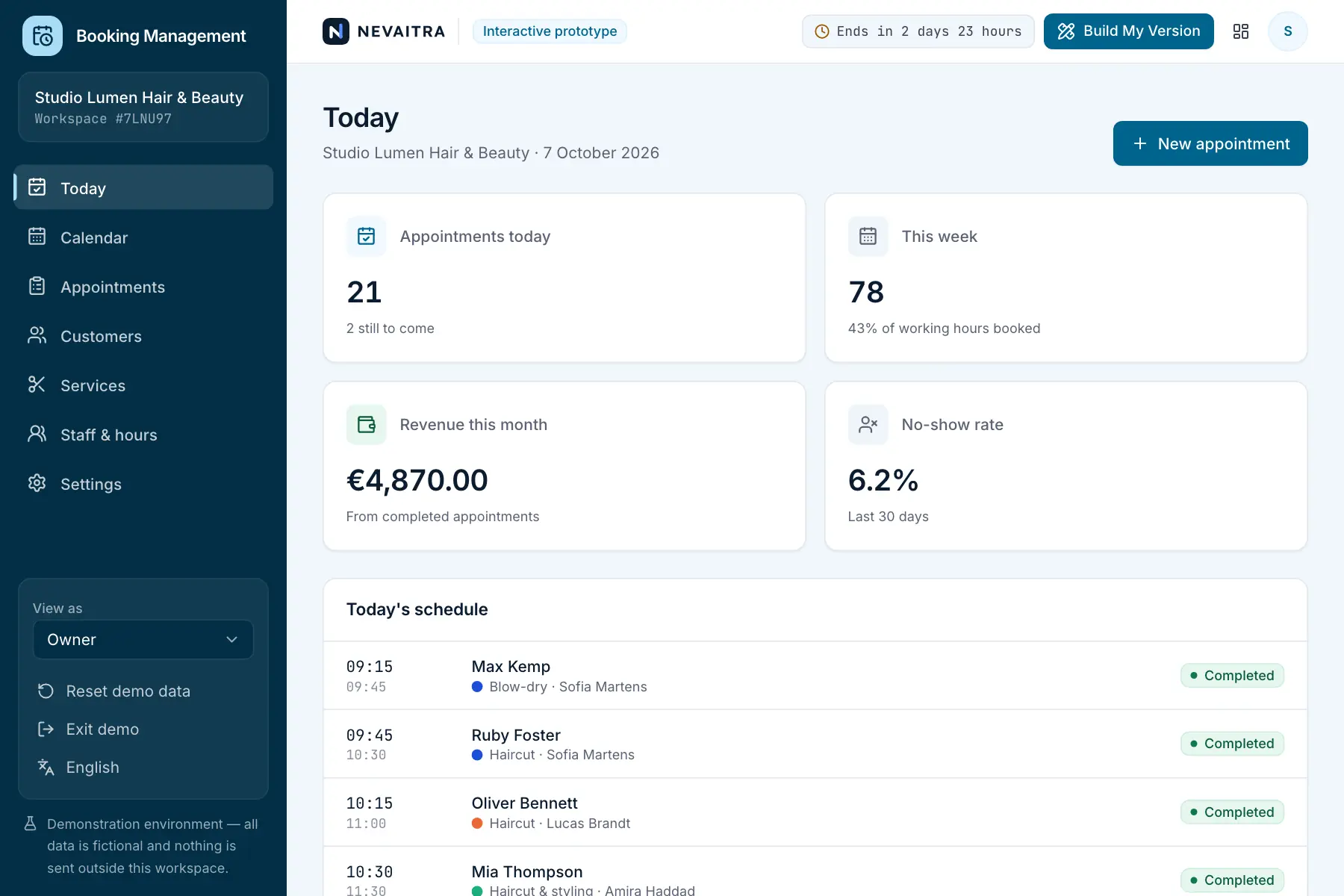 Booking Management demo: Today
