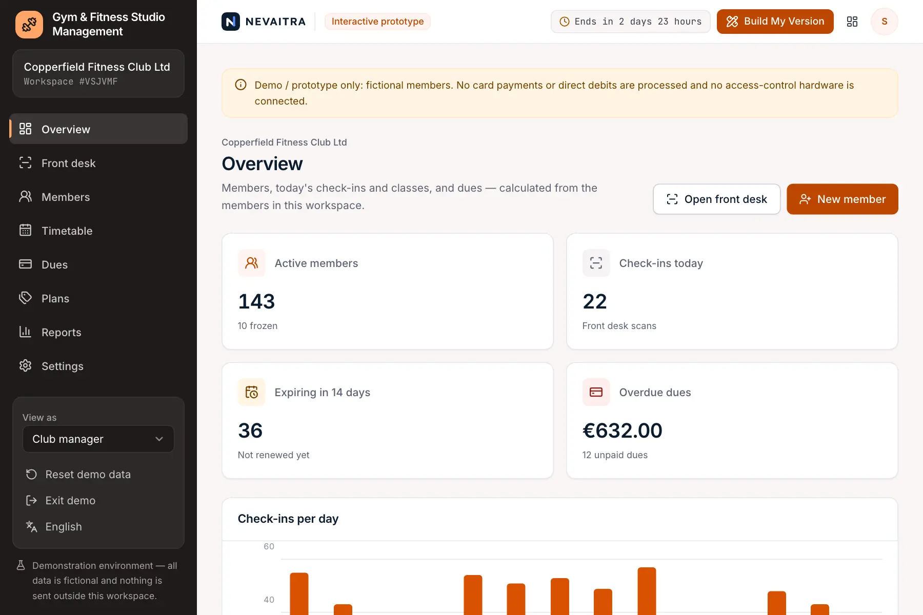 Gym & Fitness Studio Management demo: Overview
