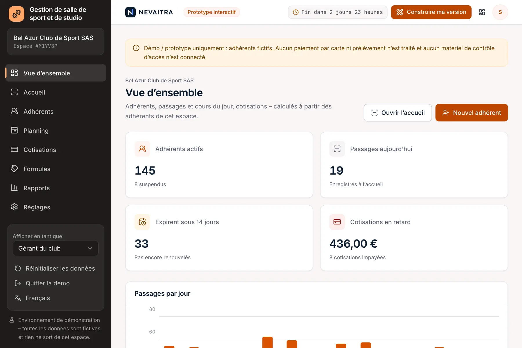 Démo « Gestion de salle de sport et de studio » : Vue d’ensemble